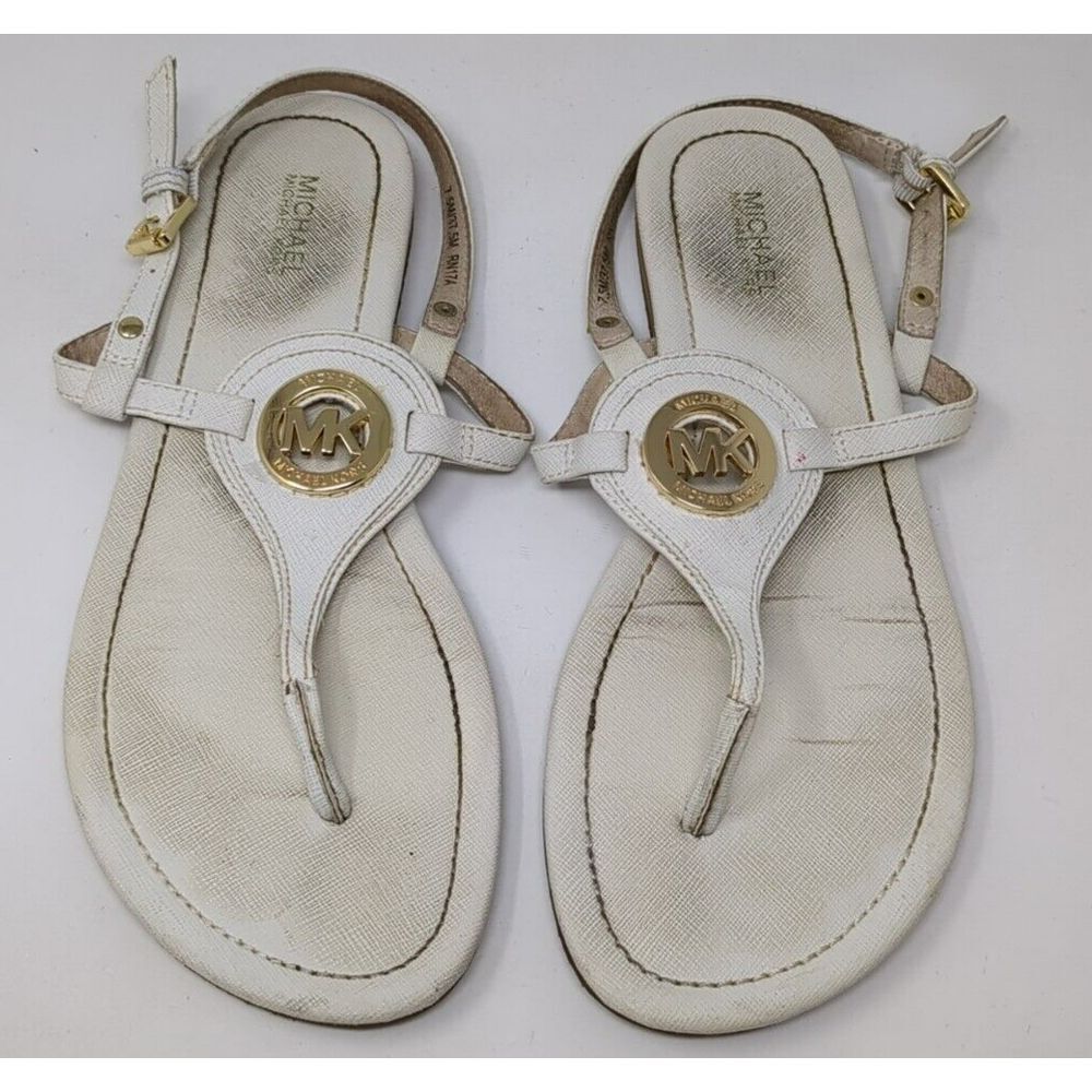 Michael Kors Thong Sandals Leather Flat Big MK Logo Leather White Women's 7.5 M